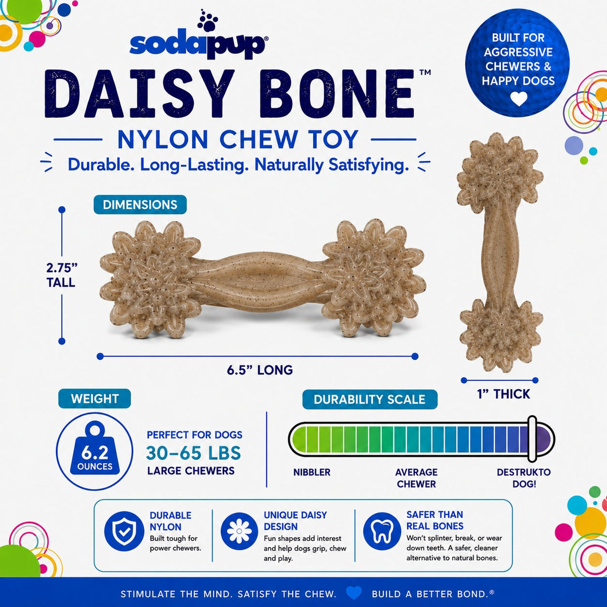 Juguete para perros Daisy Bone de nailon para masticadores agresivos | Duradero | Fabricado en EE. UU.