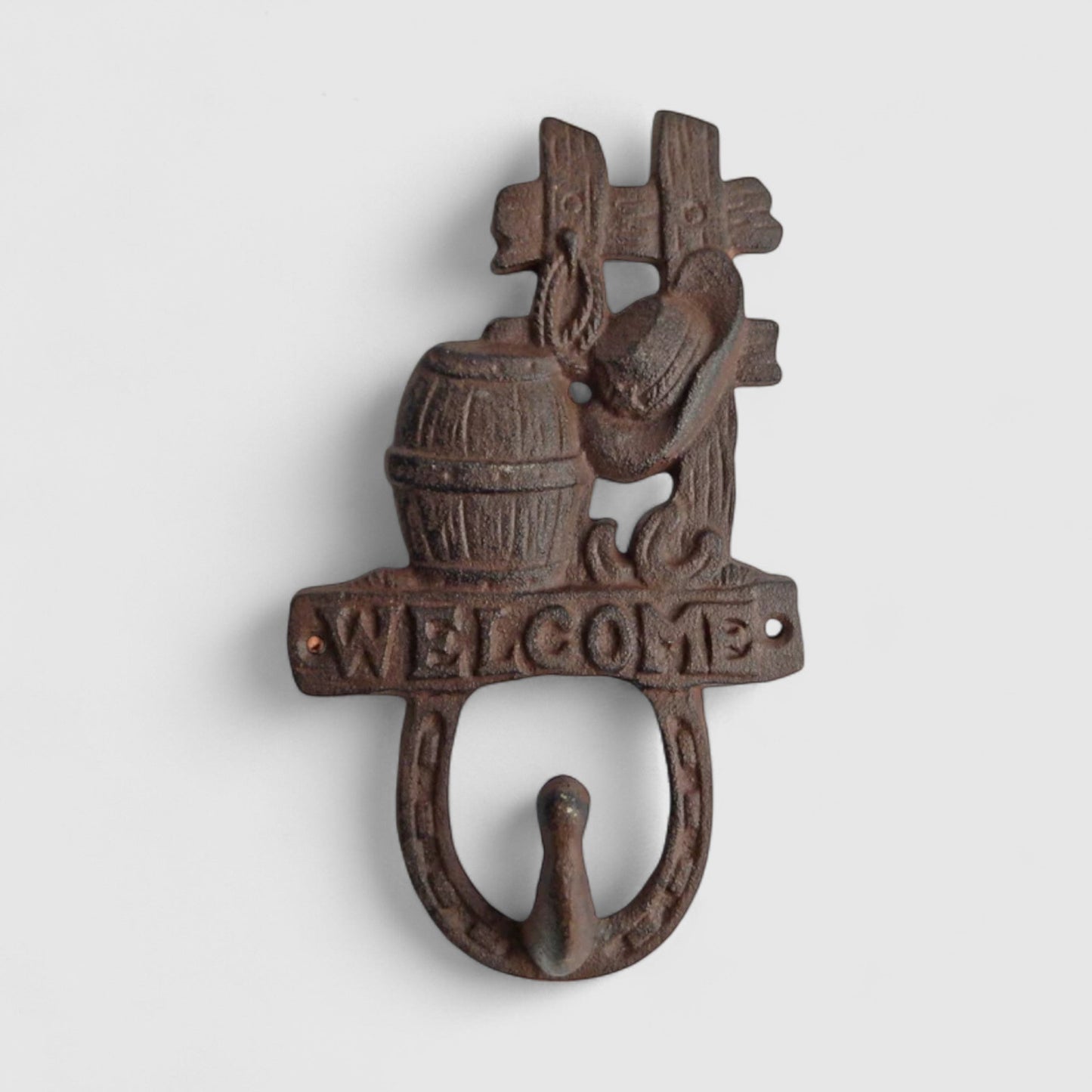 Welcome Barrel Wall Hook, Cast Iron for Coats, Keys or Hats