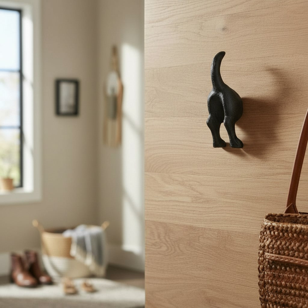 Dog Tail Wall Hook, Black Cast Iron for Leashes and Coats