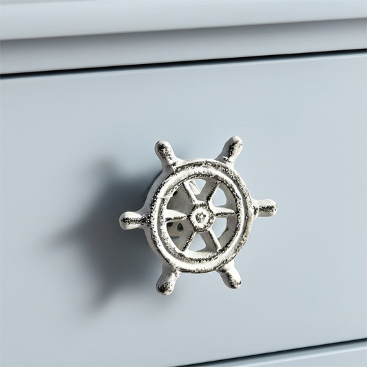 Ship Wheel Cabinet Knob, Distressed White Cast Iron Drawer Pull