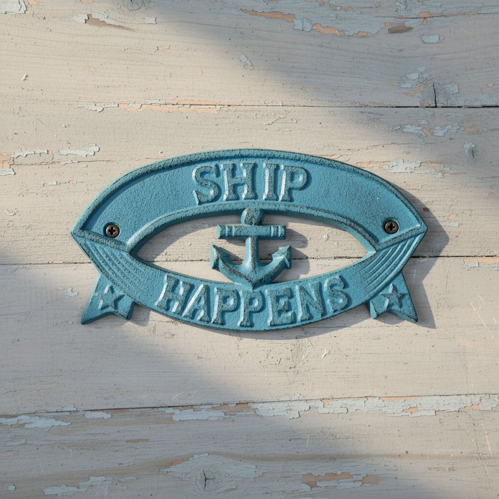 "Ship Happens" Boat Wall Sign, Blue Cast Iron Nautical Porch Decor