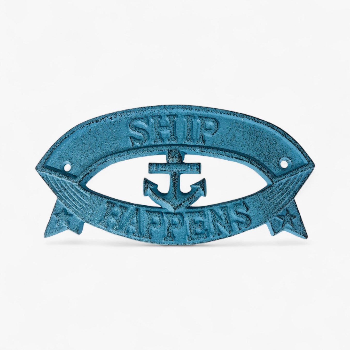 "Ship Happens" Boat Wall Sign, Blue Cast Iron Nautical Porch Decor