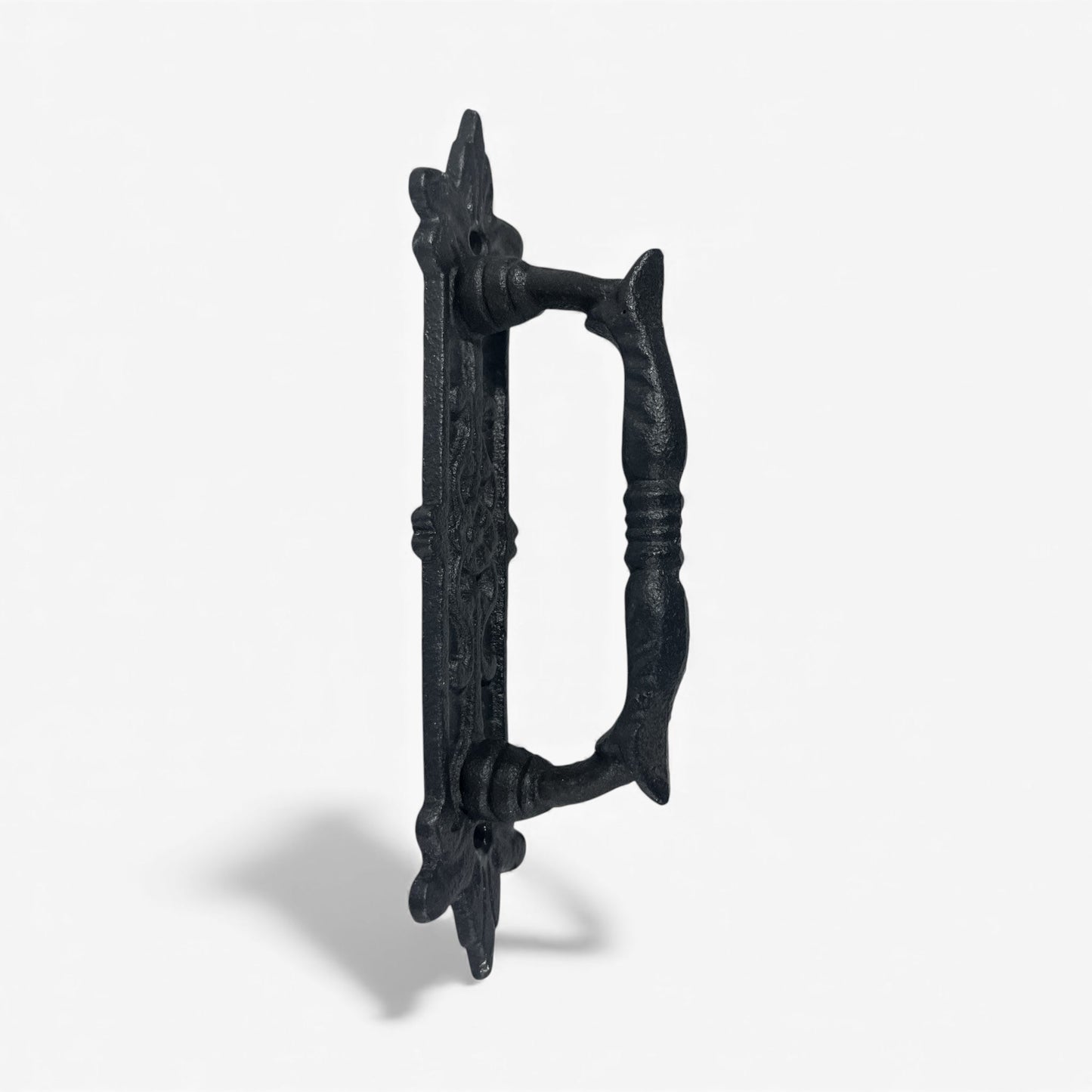 Door Handle with Ornate Backplate, Black Cast Iron Pull