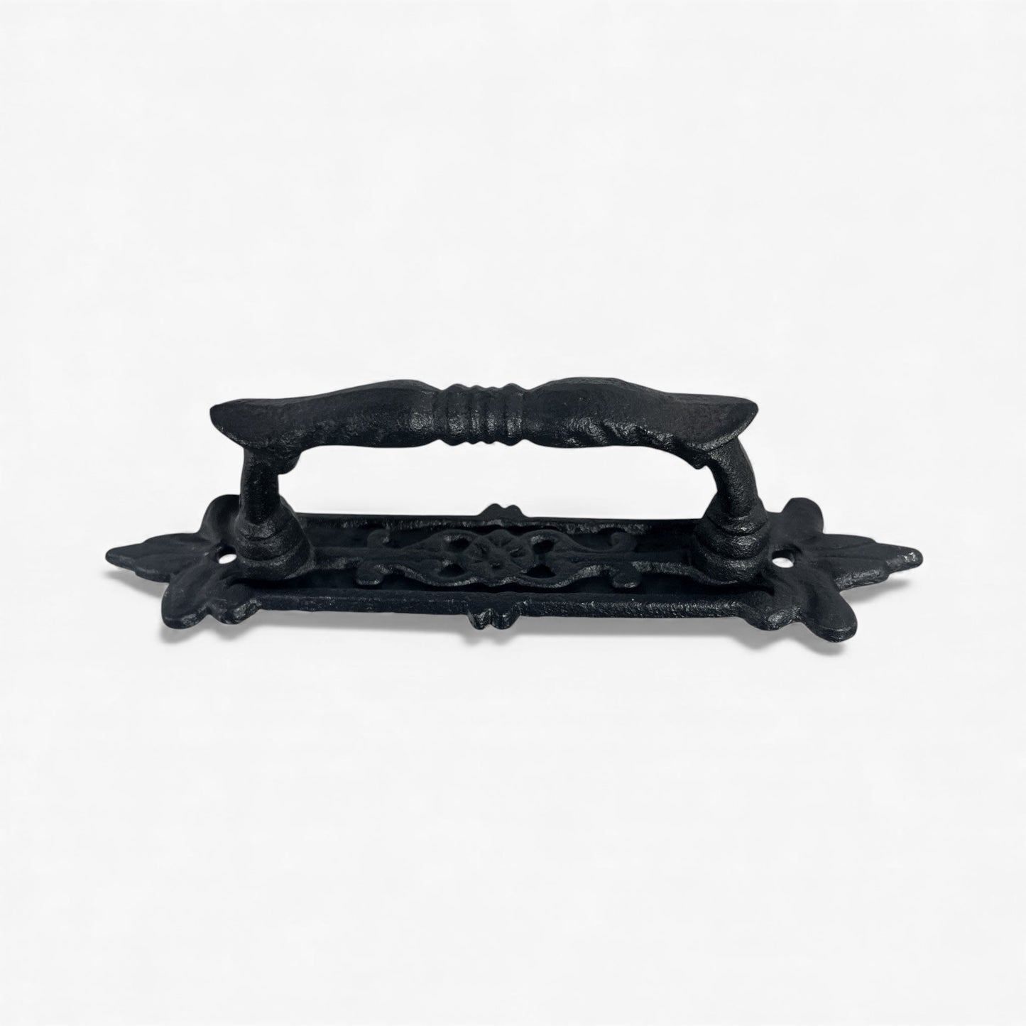 Door Handle with Ornate Backplate, Black Cast Iron Pull