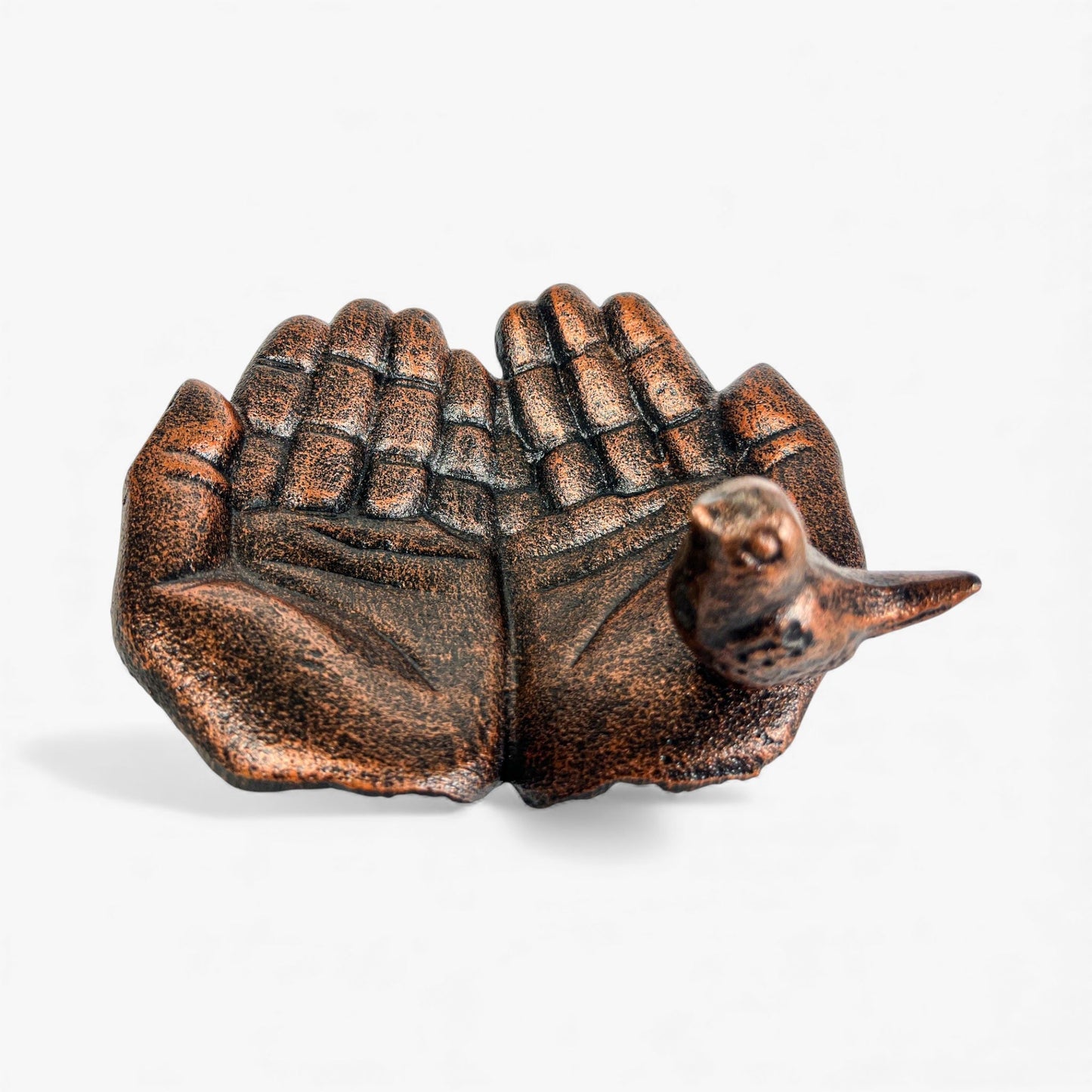Cupped Hands Bird Feeder and Bath, Copper Cast Iron Garden Decor