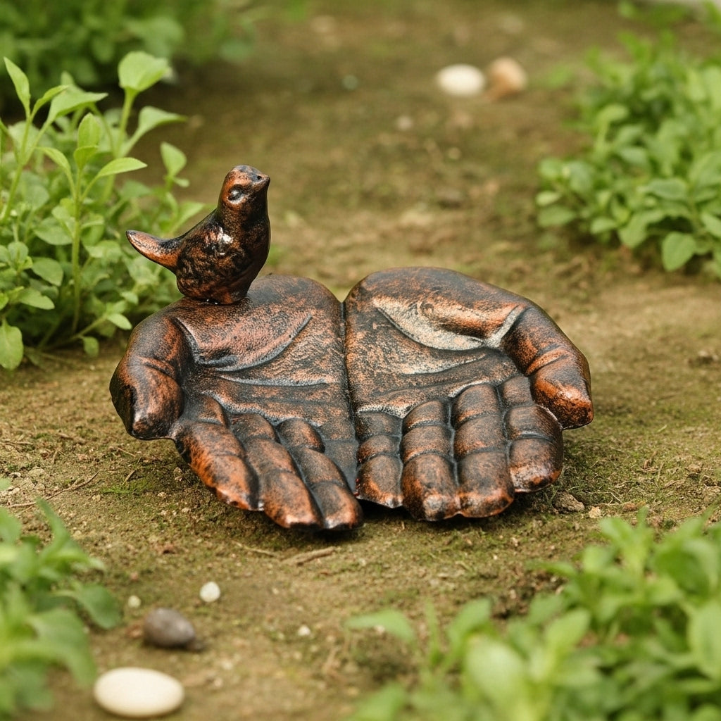 Cupped Hands Bird Feeder and Bath, Copper Cast Iron Garden Decor