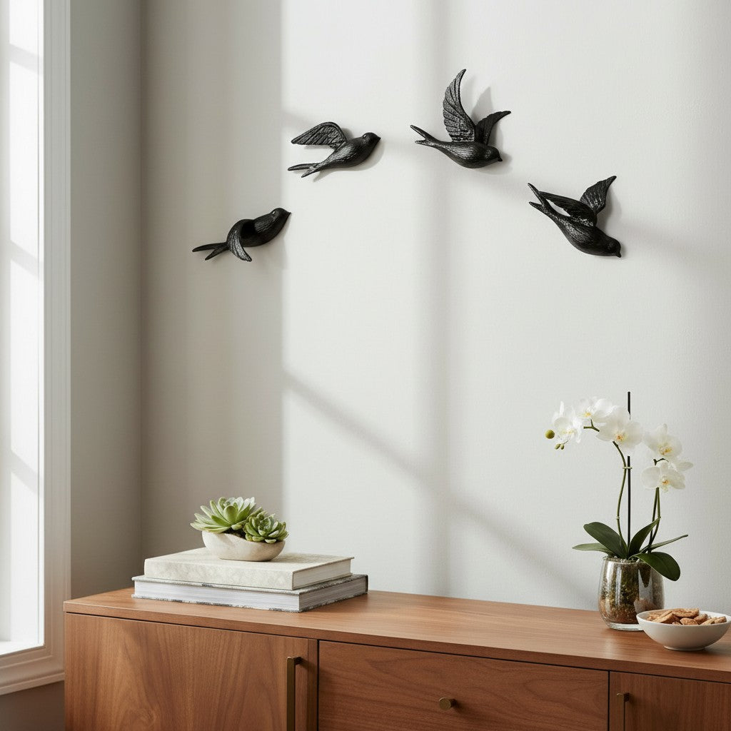 Bird Wall Hooks, Cast Iron Set of 4, Natural Iron Finish