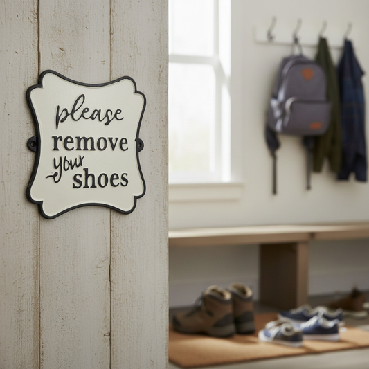 "Please Remove Your Shoes" Cast Iron Wall Sign, Black and White