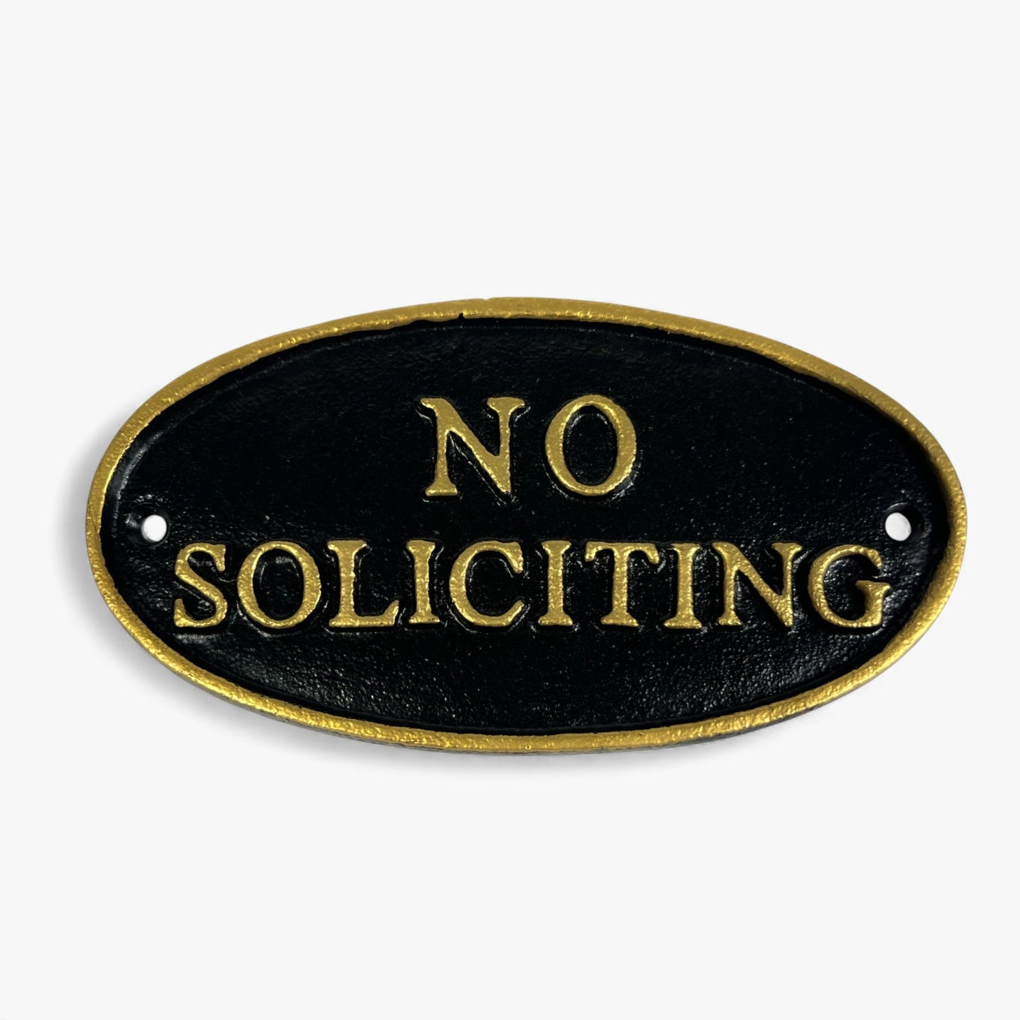 "No Soliciting" Oval Wall Sign, Cast Iron Black and Gold
