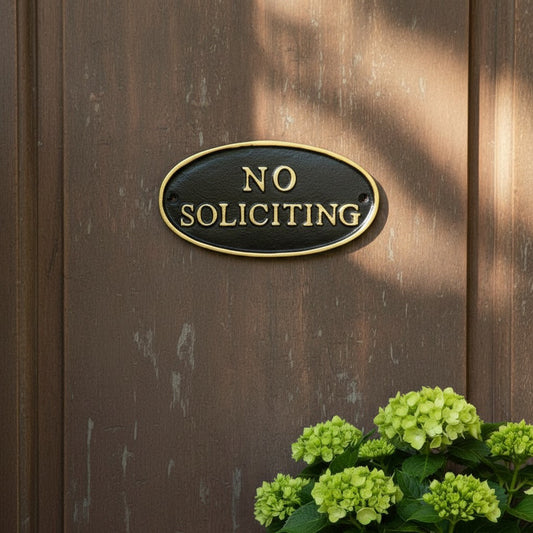"No Soliciting" Oval Wall Sign, Cast Iron Black and Gold