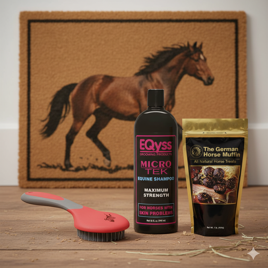 Horse Grooming & Stable Bundle Micro-Tek Shampoo, Grooming Brush, Muffins & Mat