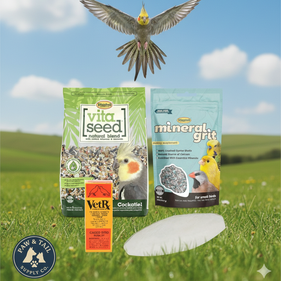 Caged Bird Care Bundle 6” Cuttlebone, Mineral Grit, VetRx & Vita Seed Cockatiel Food