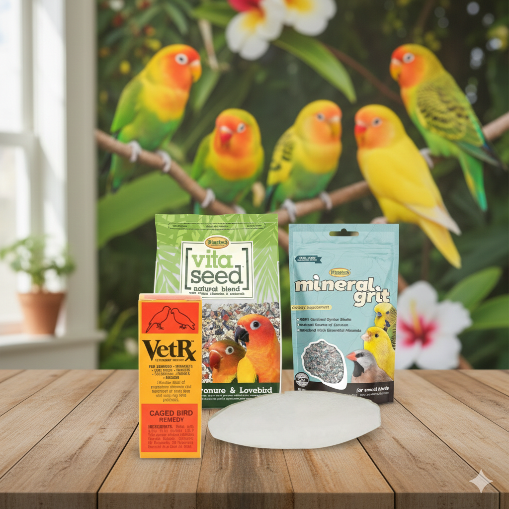 Lovebird Care Bundle 6” Cuttlebone, Mineral Grit, VetRx & Lovebird Food Small Birds