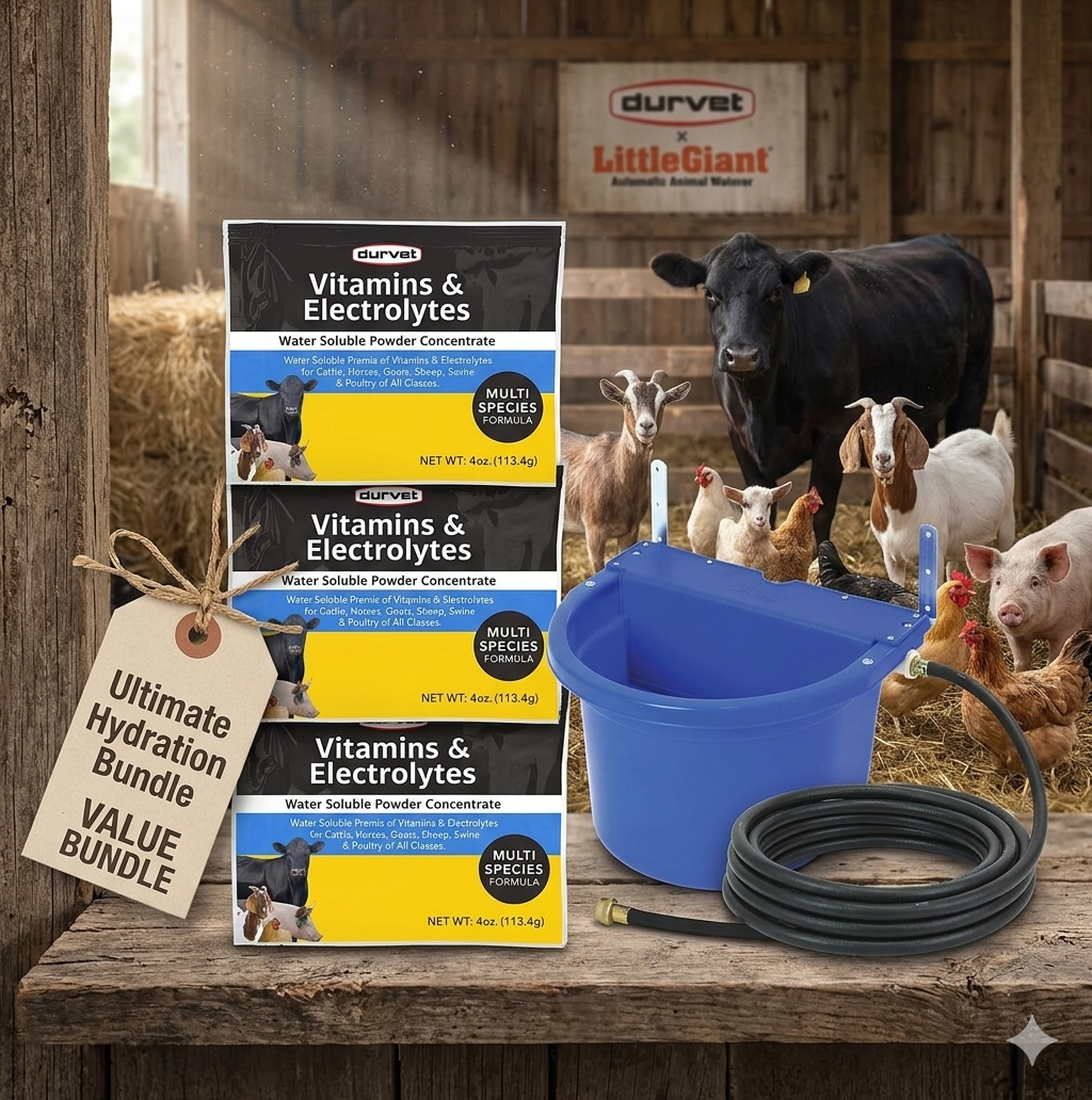 Little Giant 4Gal Waterer + Durvet Vitamins & Electrolytes 4oz 3PCK Livestock Bundle