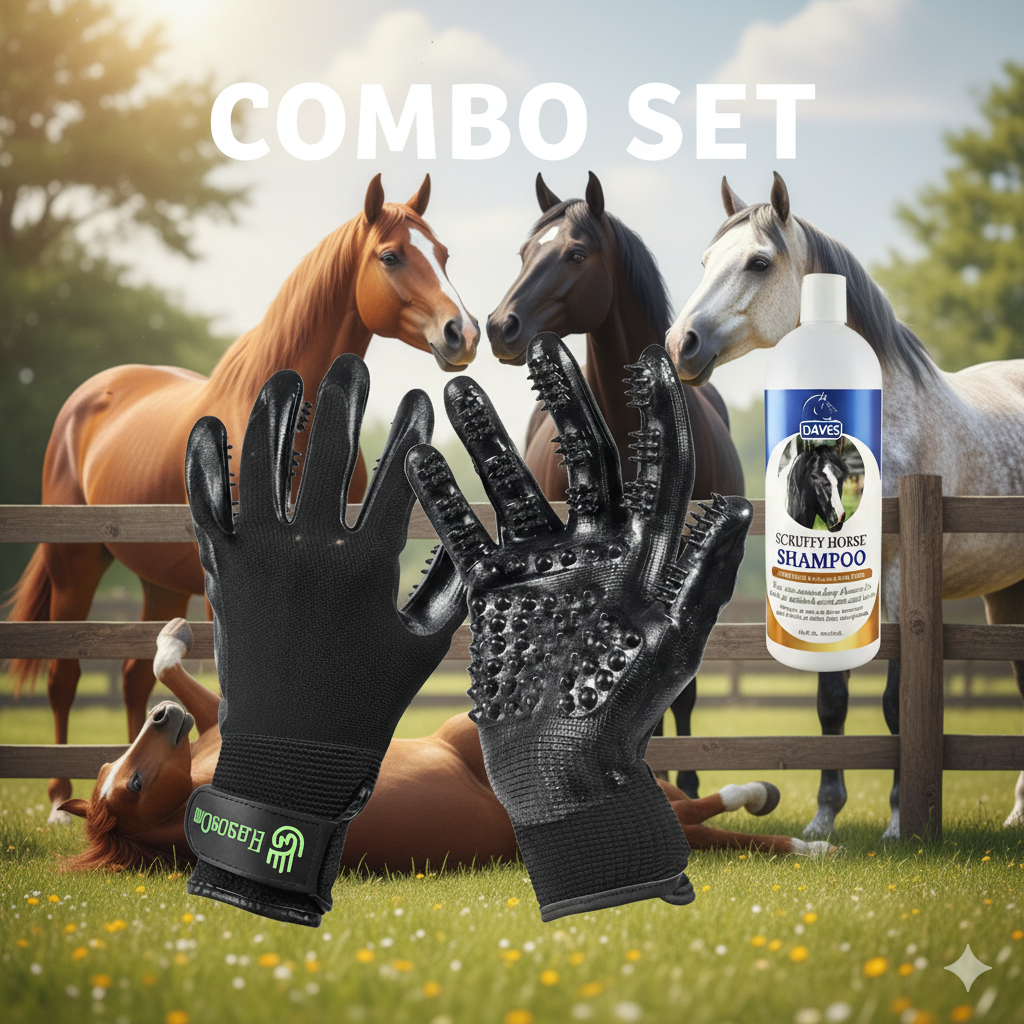 Davis Scruffy Horse Shampoo + HandsOn Grooming Gloves Large Size - Complete Grooming Kit