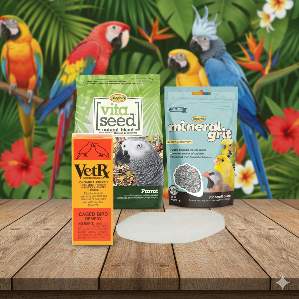 Parrot Care Bundle 10” Cuttlebone, Mineral Grit, VetRx & Vita Seed Parrot Food Large Birds