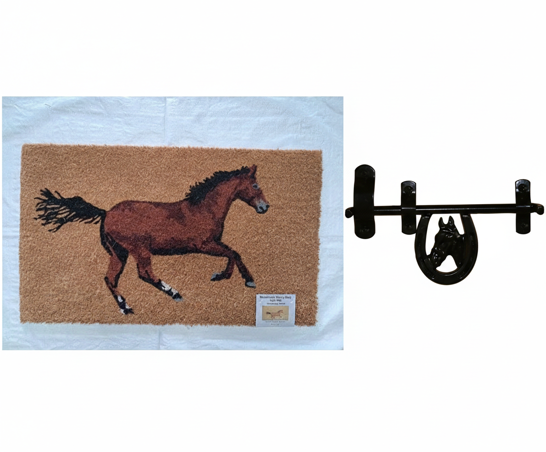 Horse Entrance Decor Bundle Coco Coir Horse Mat & Horse Head Door Latch