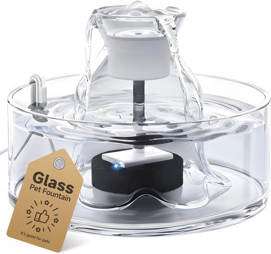 Glass Cat Water Fountain 2.7L Ultra Quiet BPA Free Auto Pet Fountain
