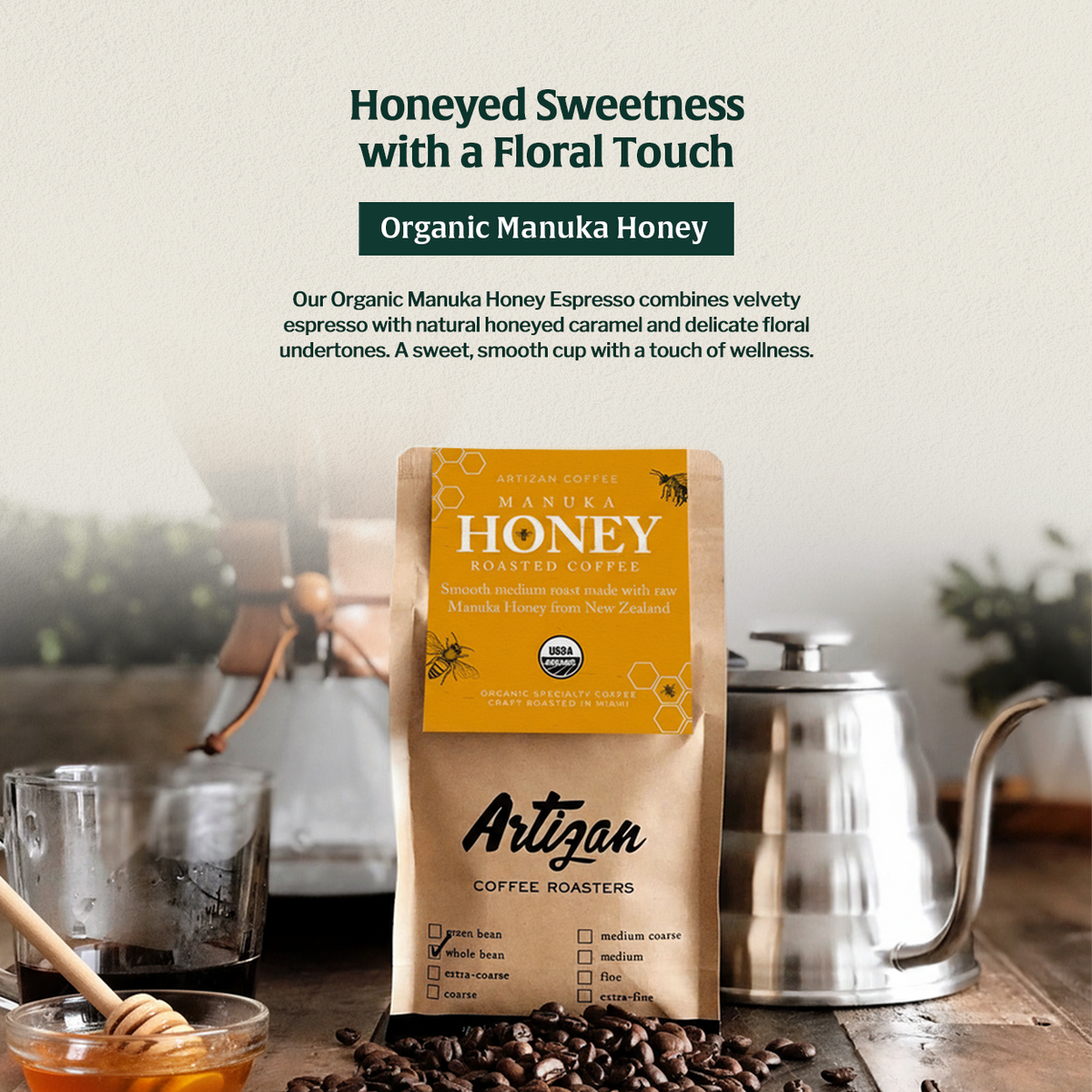 Café orgánico con miel de manuka Rx