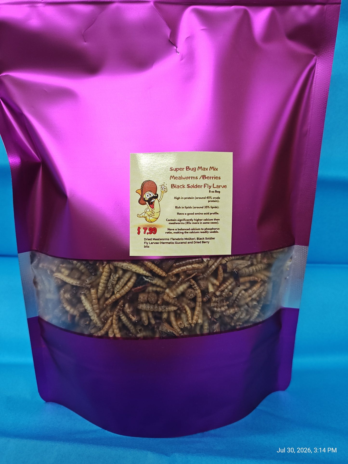 Super Bug Max Mix (Mealworms ,BSFL, Berries) 8 oz Resealable Bag