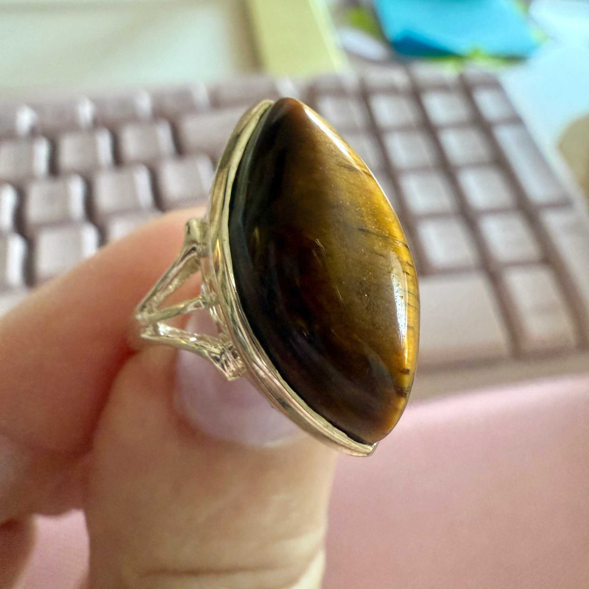 Tiger Eye Marquise Split-Shank Ring – Sterling Silver – Size 6