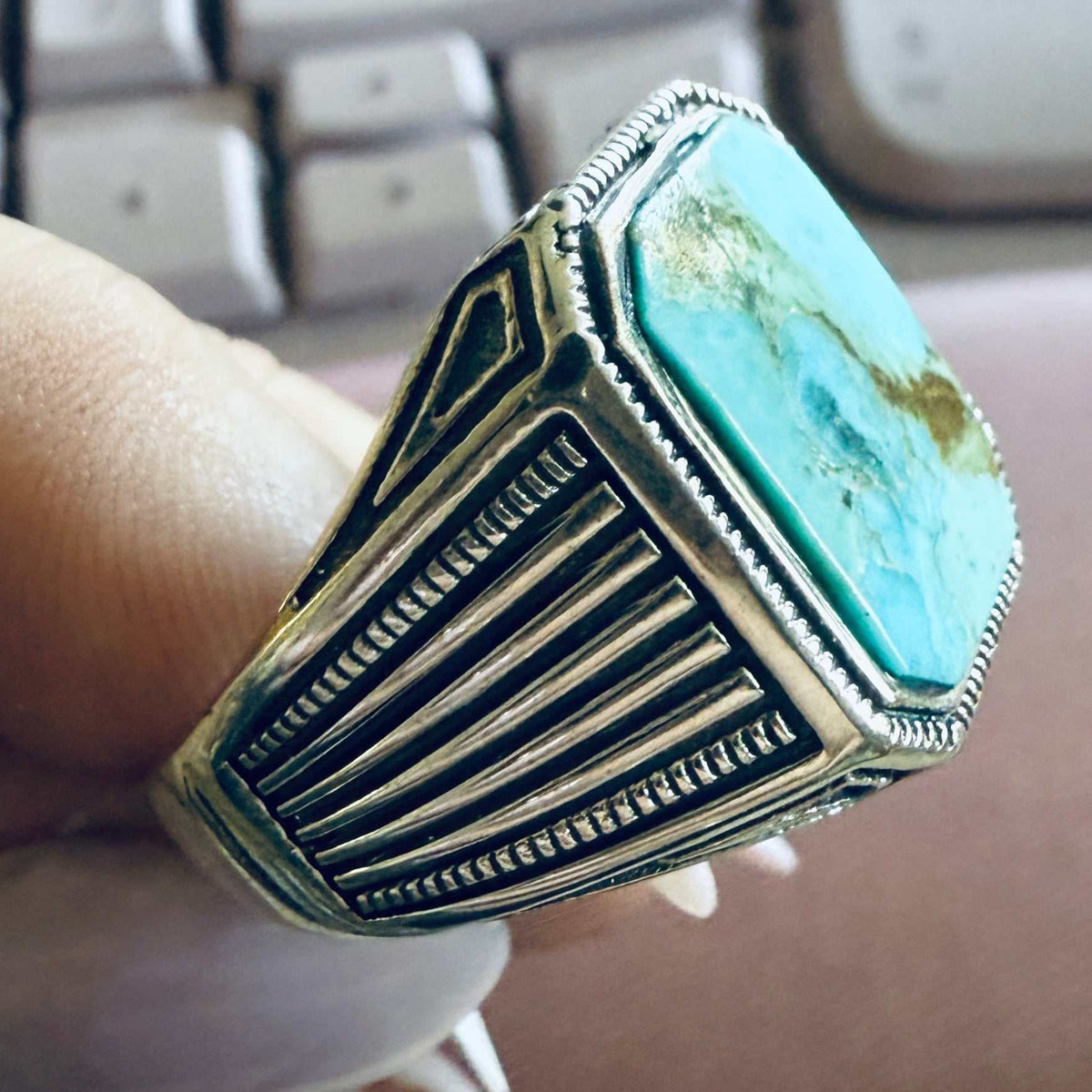 Anillo masculino de plata de ley con turquesa — Talla 14