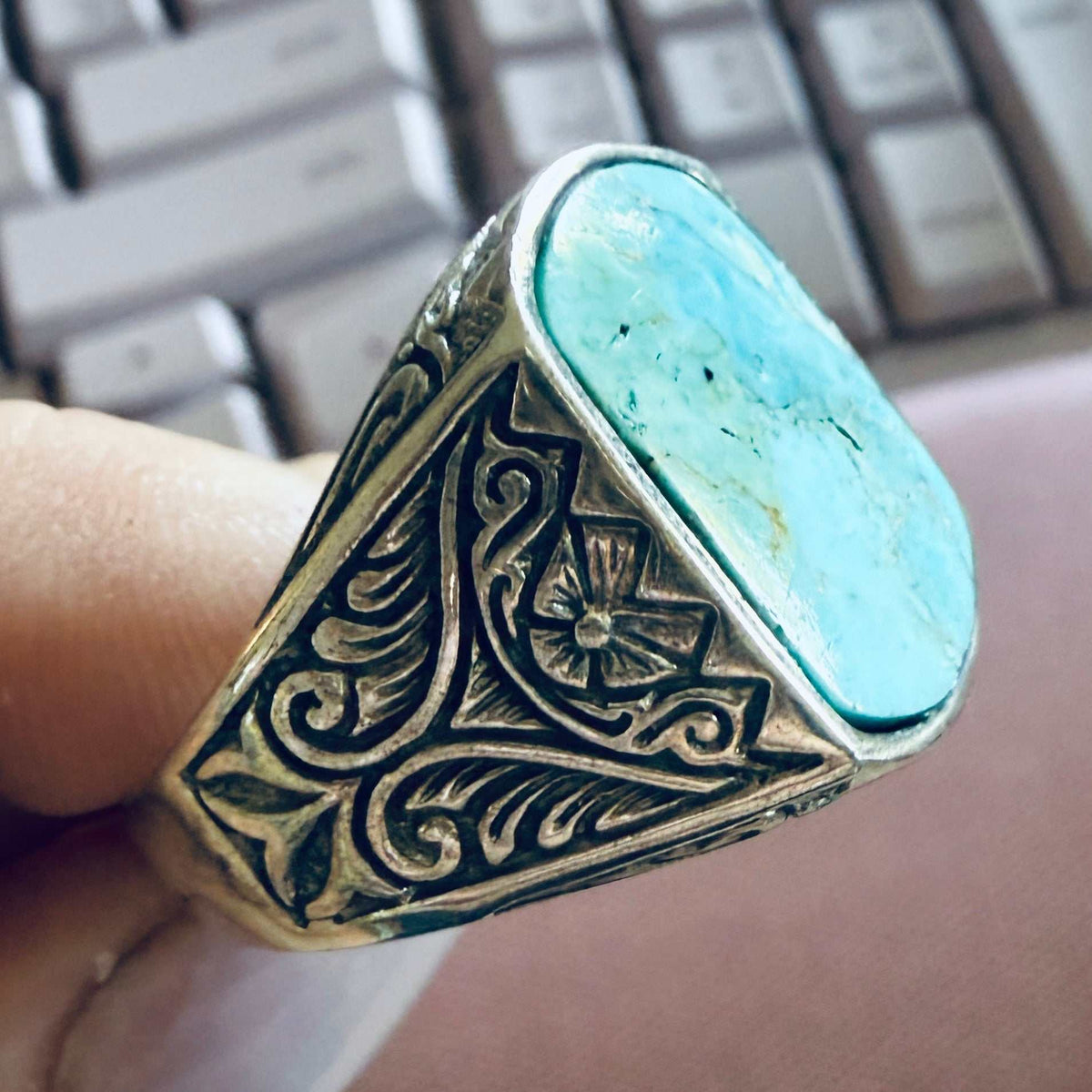 Anillo masculino de plata de ley con turquesa — Talla 14