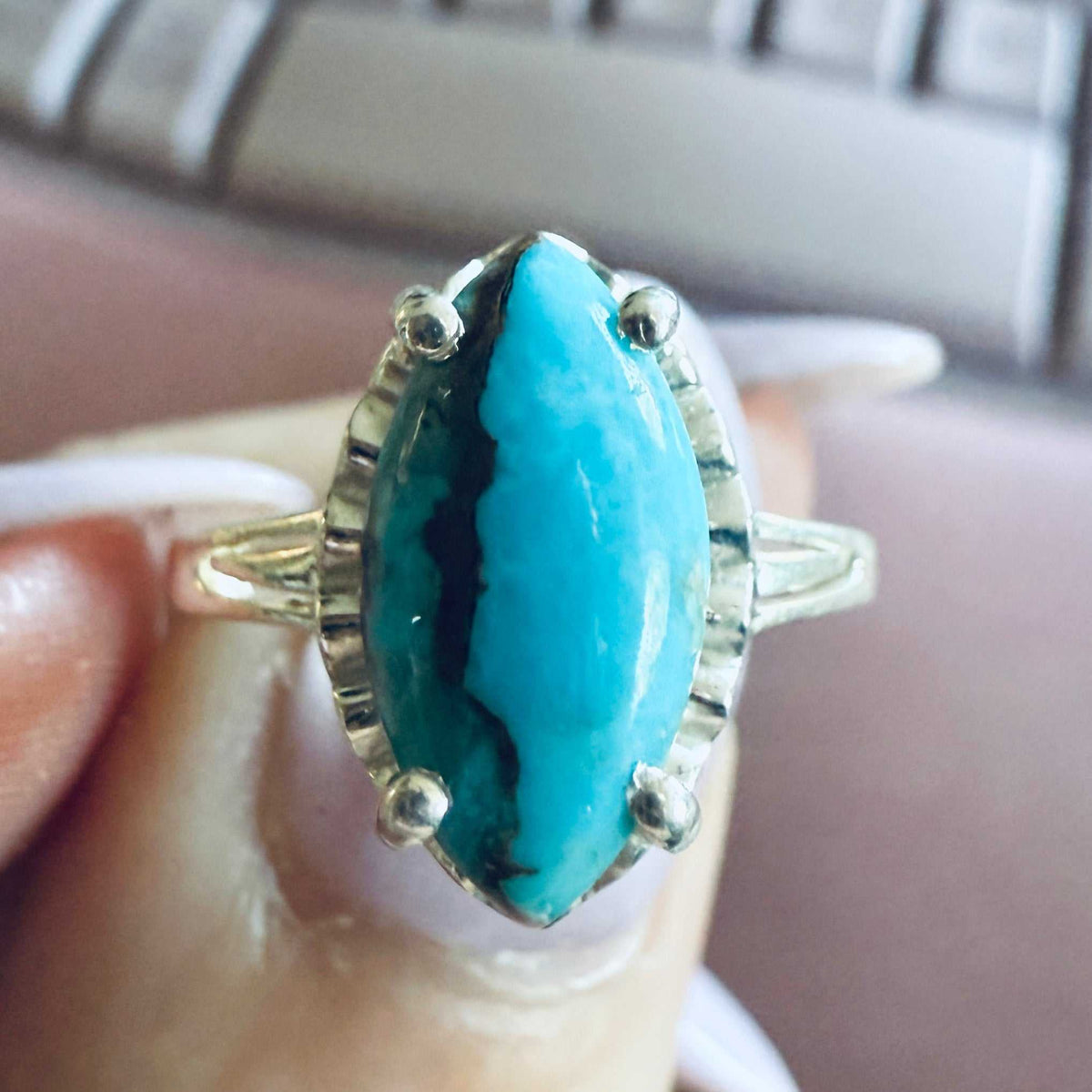 Anillo de turquesa — Talla 6 (Corte marquesa)