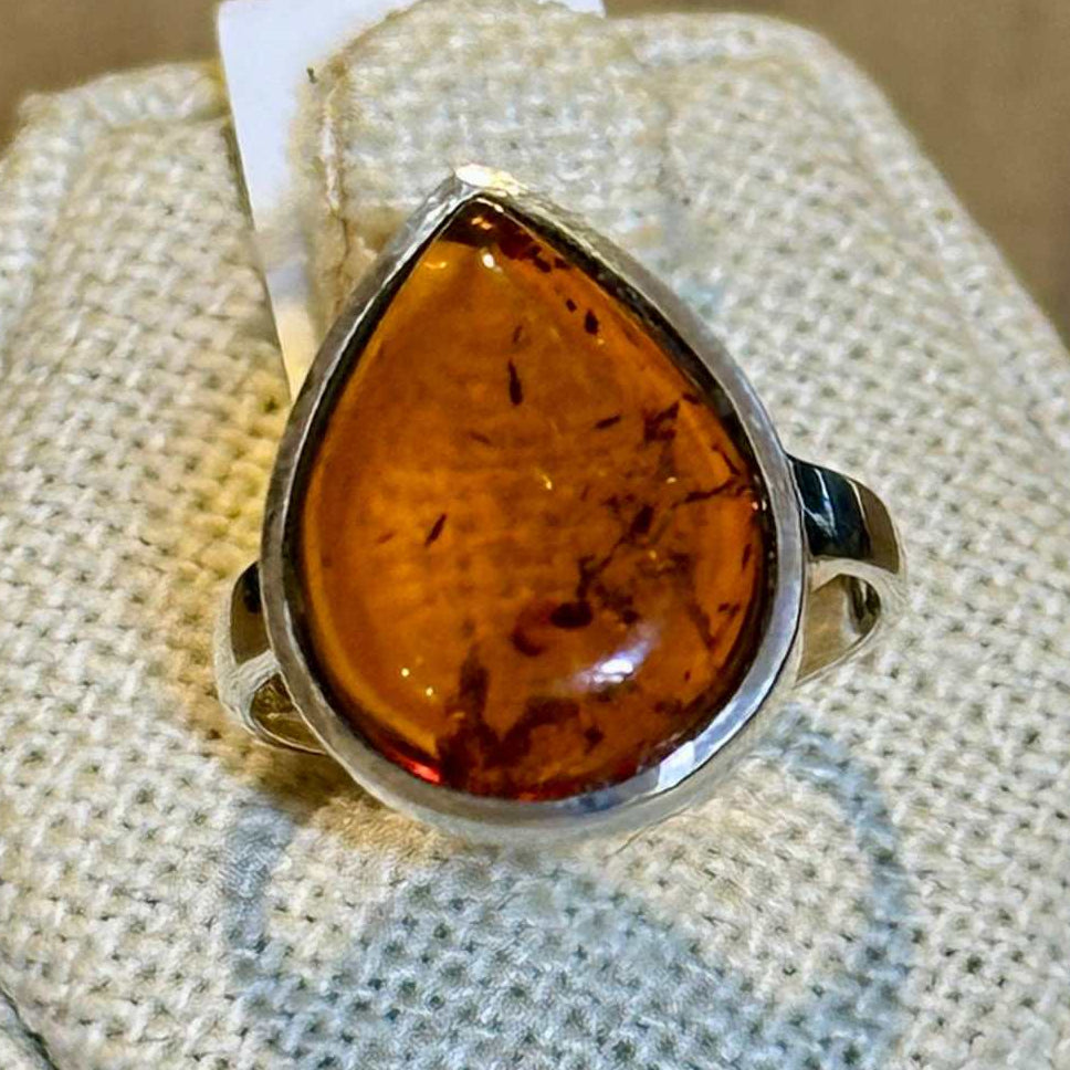 Anillo de lágrima de ámbar natural – Plata de ley – Tallas 6, 7, 8, 9