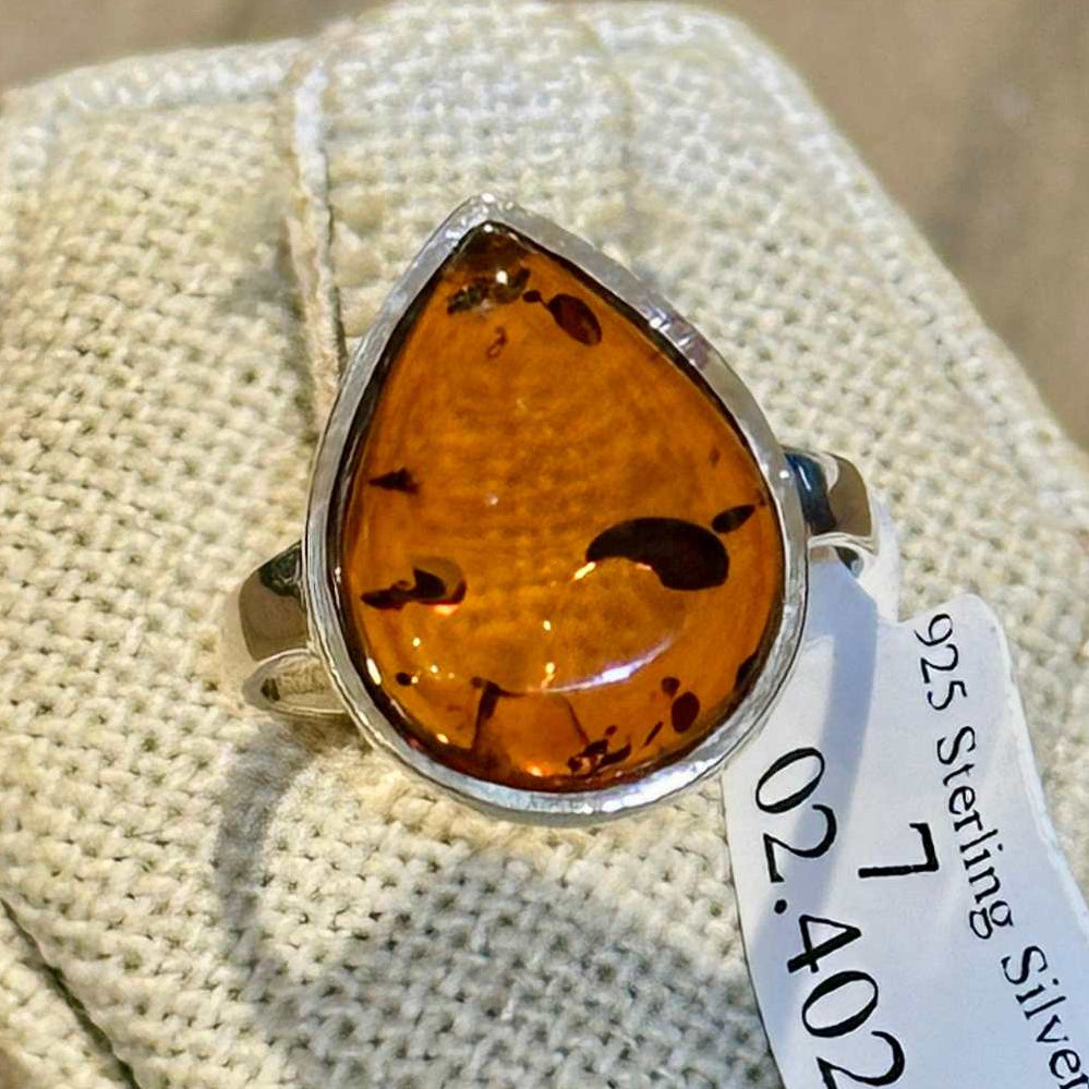 Anillo de lágrima de ámbar natural – Plata de ley – Tallas 6, 7, 8, 9