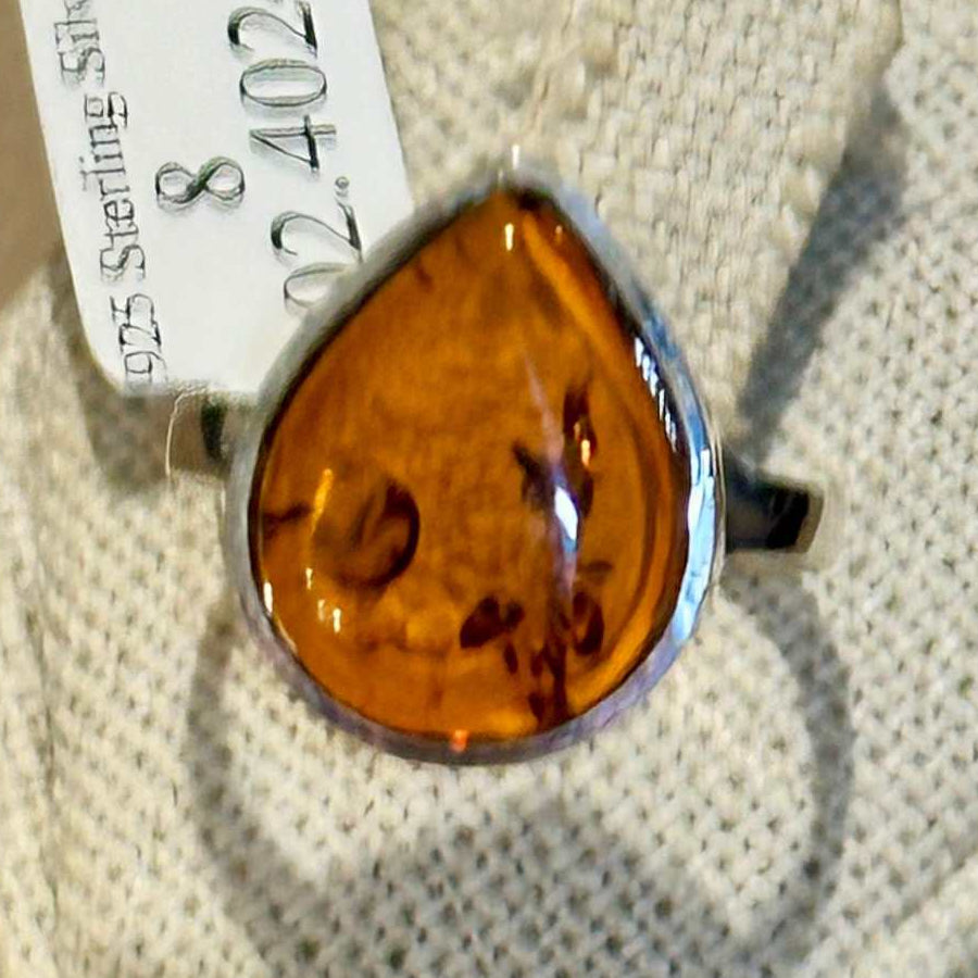 Anillo de lágrima de ámbar natural – Plata de ley – Tallas 6, 7, 8, 9