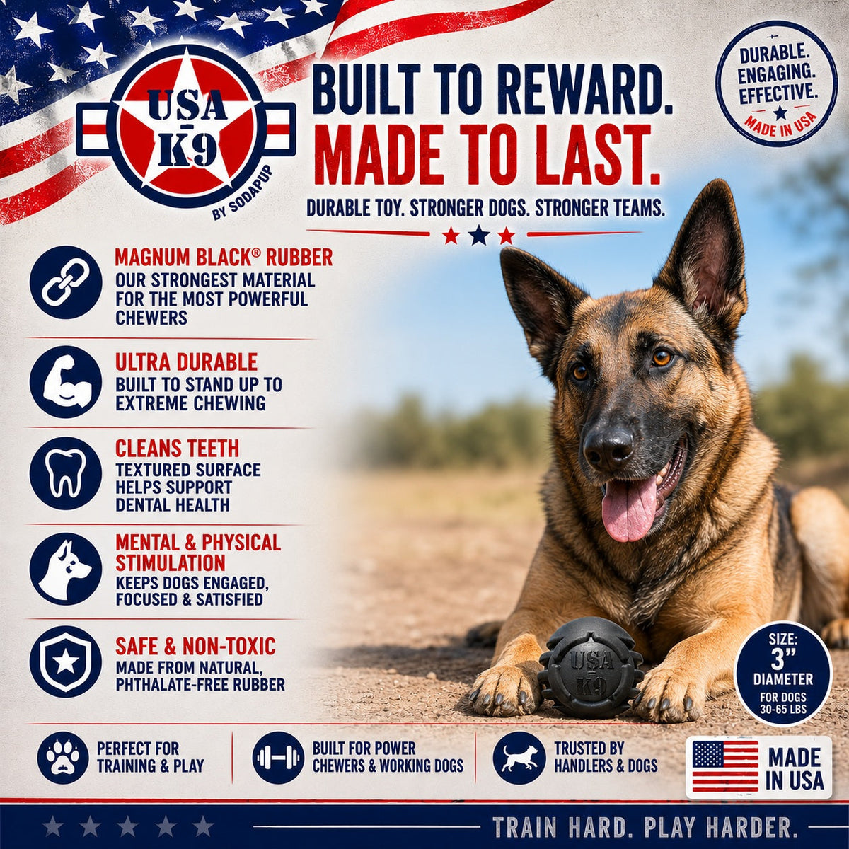 Juguete de goma para perros USA-K9 Stars and Stripes | Juguete de recompensa para adiestradores caninos | Negro | Fabricado en EE. UU.