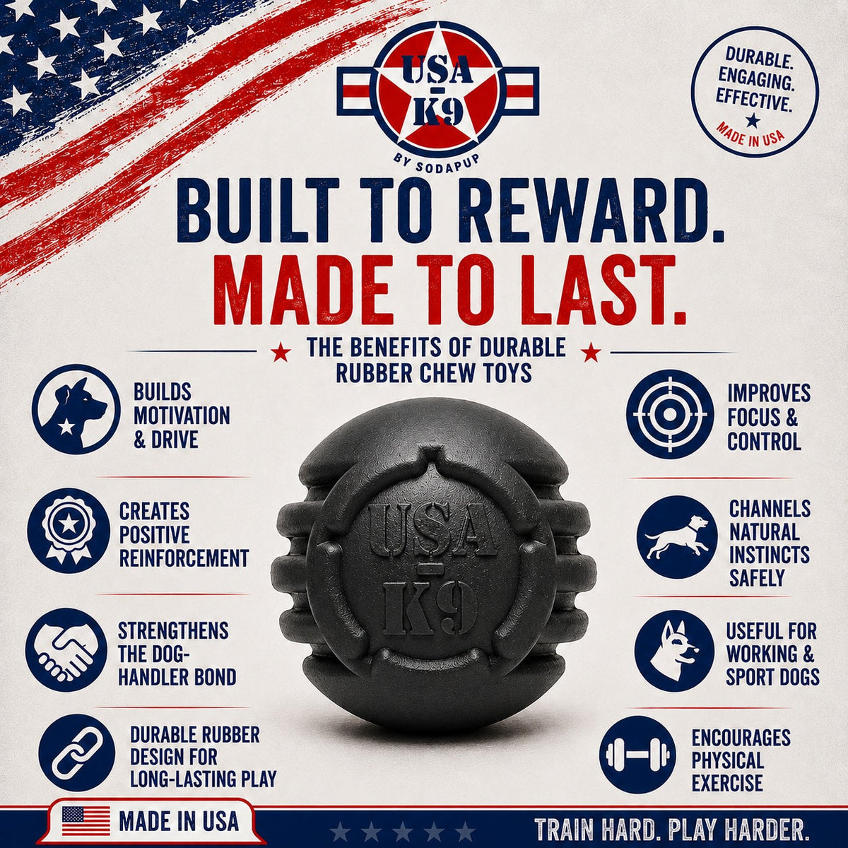 Juguete de goma para perros USA-K9 Stars and Stripes | Juguete de recompensa para adiestradores caninos | Negro | Fabricado en EE. UU.
