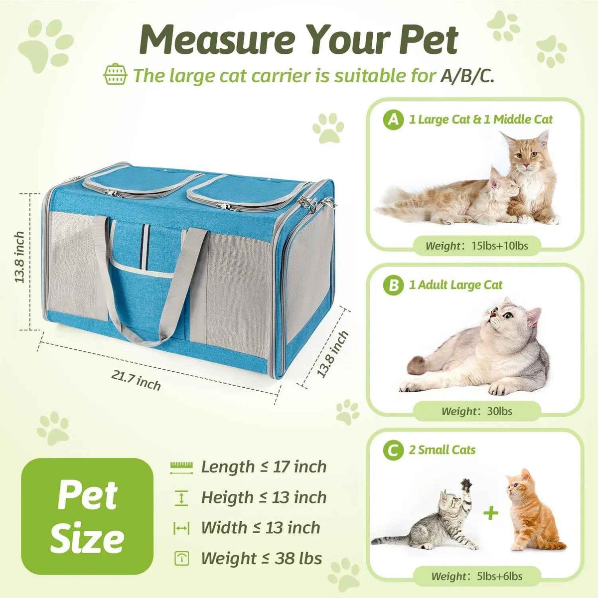 Large Dual Cat Carrier 38lb Capacity Soft Sided Pet Travel Bag w/ Divider & Mesh