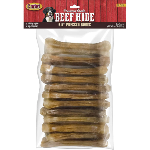 Huesos de piel de res prensada Cadet de 6.5" para perros, masticables duraderos, paquete de 12 unidades