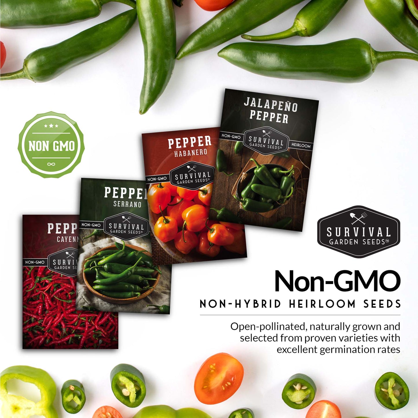 Hot Pepper Seed Collection – Heirloom Non-GMO 4-Variety Pack: Jalapeño, Serrano, Cayenne & Habanero Orange for Salsas, Sauces & Spicy Cooking