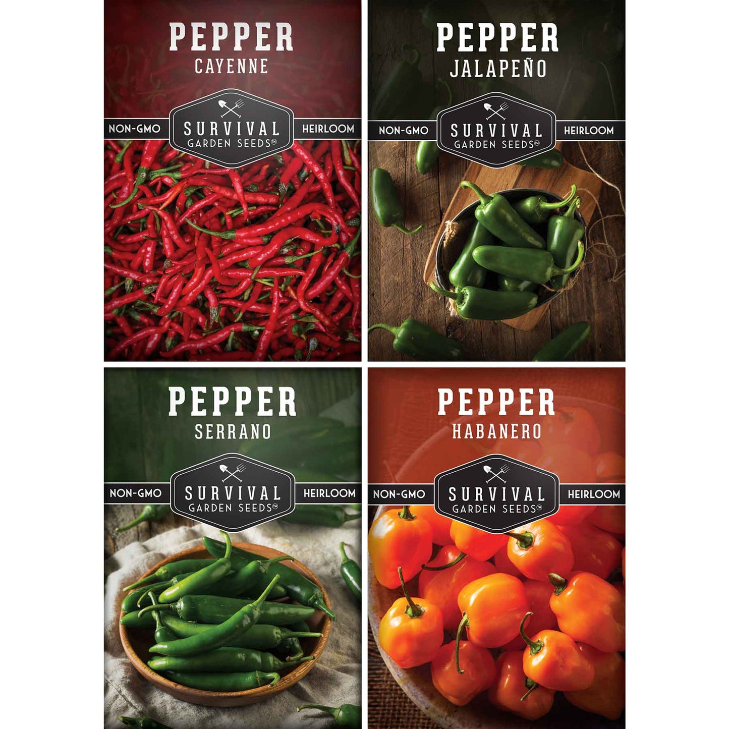 Hot Pepper Seed Collection – Heirloom Non-GMO 4-Variety Pack: Jalapeño, Serrano, Cayenne & Habanero Orange for Salsas, Sauces & Spicy Cooking