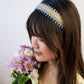 Felicity Blue and Tan Woven Headband with Ribbon Embroidery