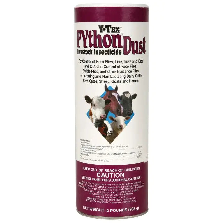 Python Dust Livestock Insecticide 2 lb Horn Flies Ticks Cattle Horses Shaker Can