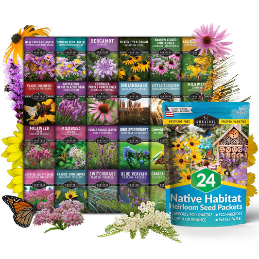 Native Habitat Seed Collection – 24 Native Wildflowers & Grasses for Pollinators, Meadows & Low-Maintenance Landscapes