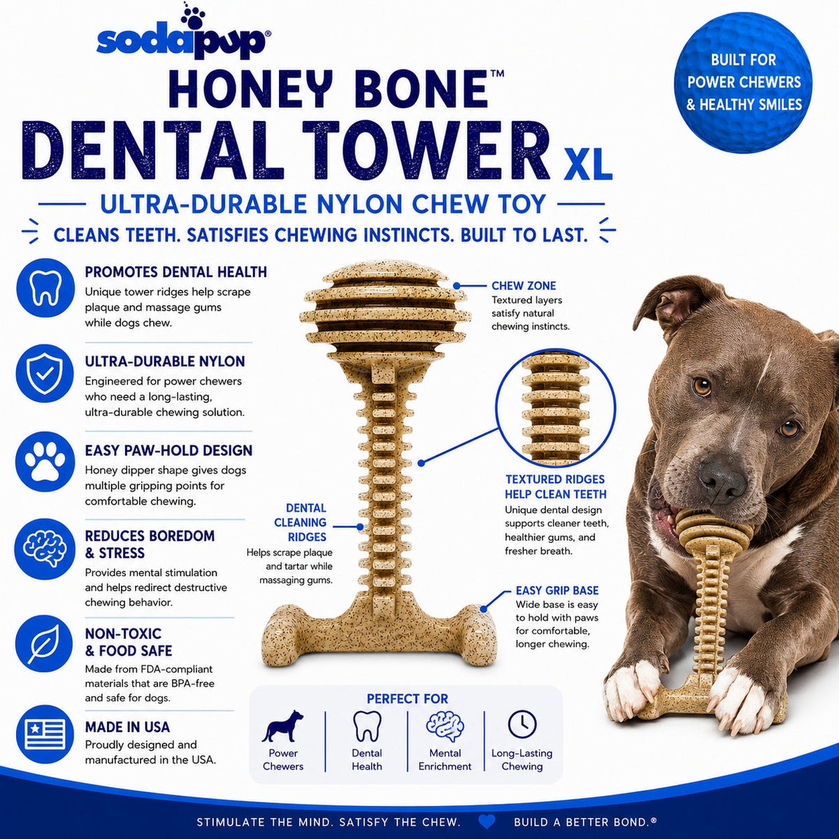 Honey Bone Dental Tower - Juguete masticable de nailon duradero para perros XL | Fabricado en EE. UU.
