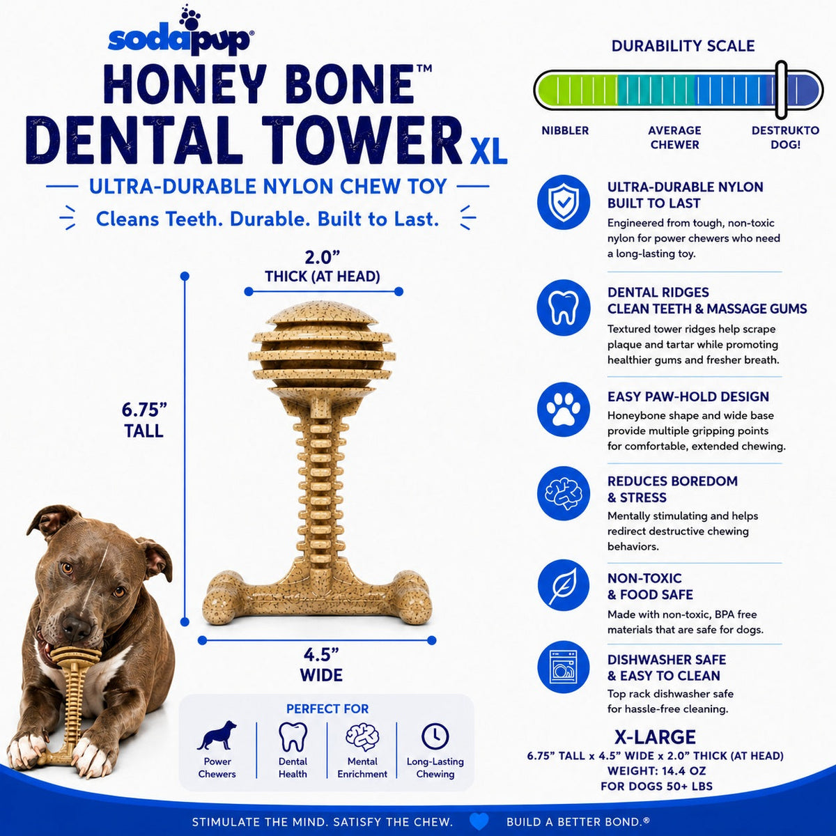 Honey Bone Dental Tower - Juguete masticable de nailon duradero para perros XL | Fabricado en EE. UU.