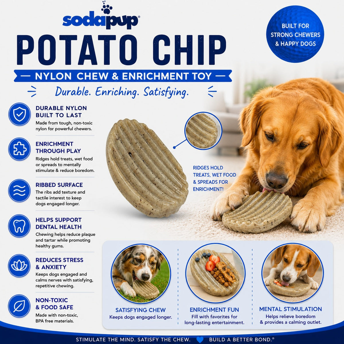 Juguete de Nailon para Masticar y Enriquecimiento de Patatas Fritas | 2 en 1 para Masticadores Agresivos | SodaPup