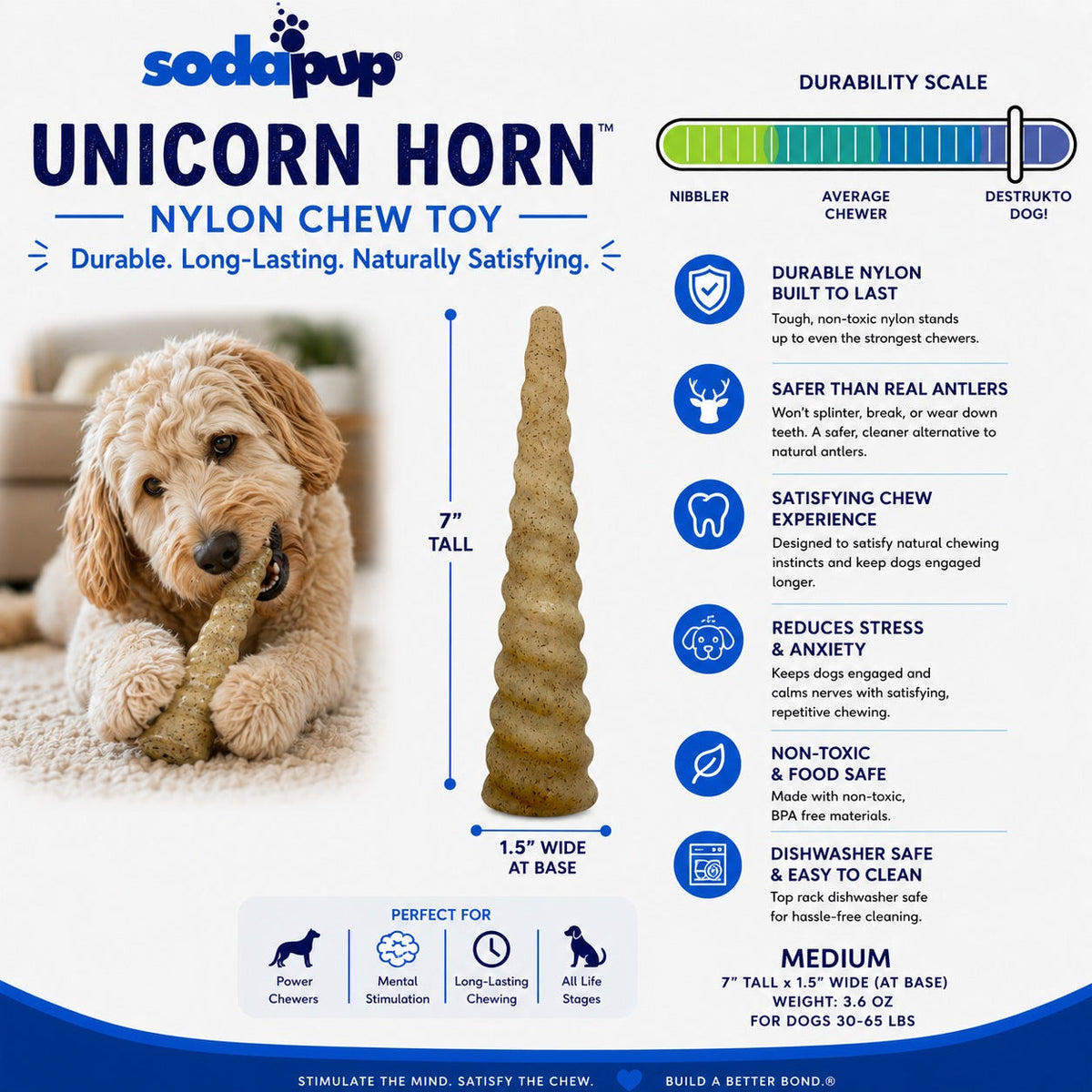 Juguete masticable de nailon para perros con forma de cuerno de unicornio | Duradero para masticadores agresivos | SodaPup