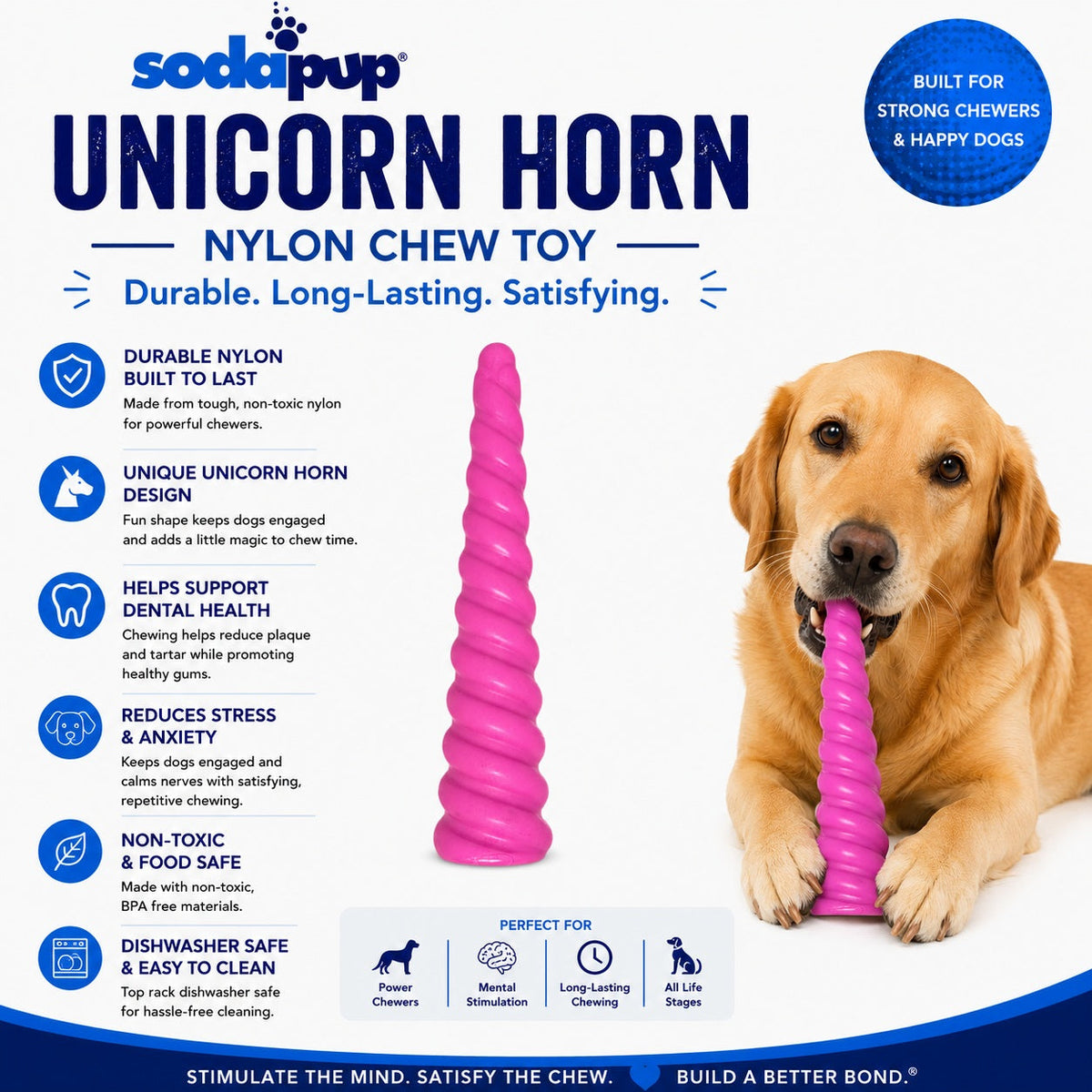Juguete masticable de nailon para perros con forma de cuerno de unicornio | Duradero para masticadores agresivos | SodaPup