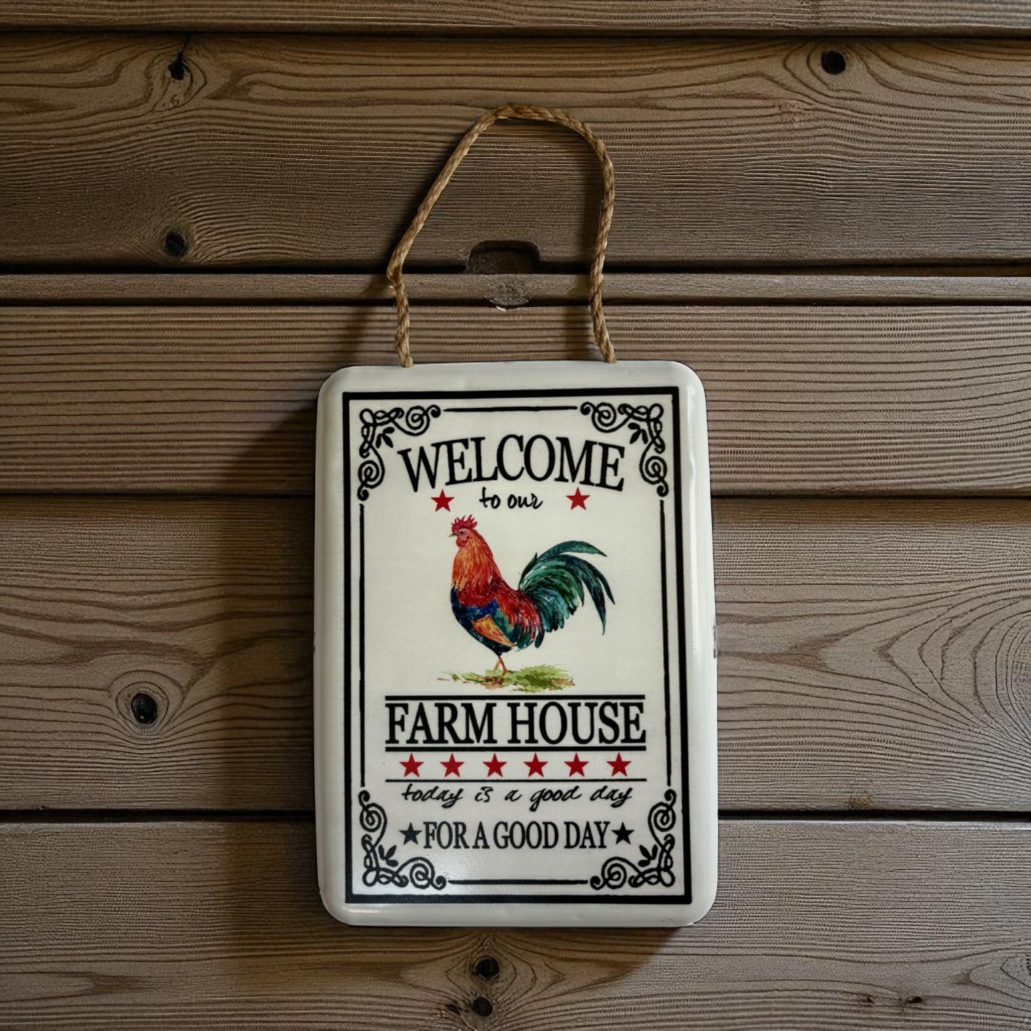 Farmhouse Welcome Wall Sign with Rooster, Vintage Metal