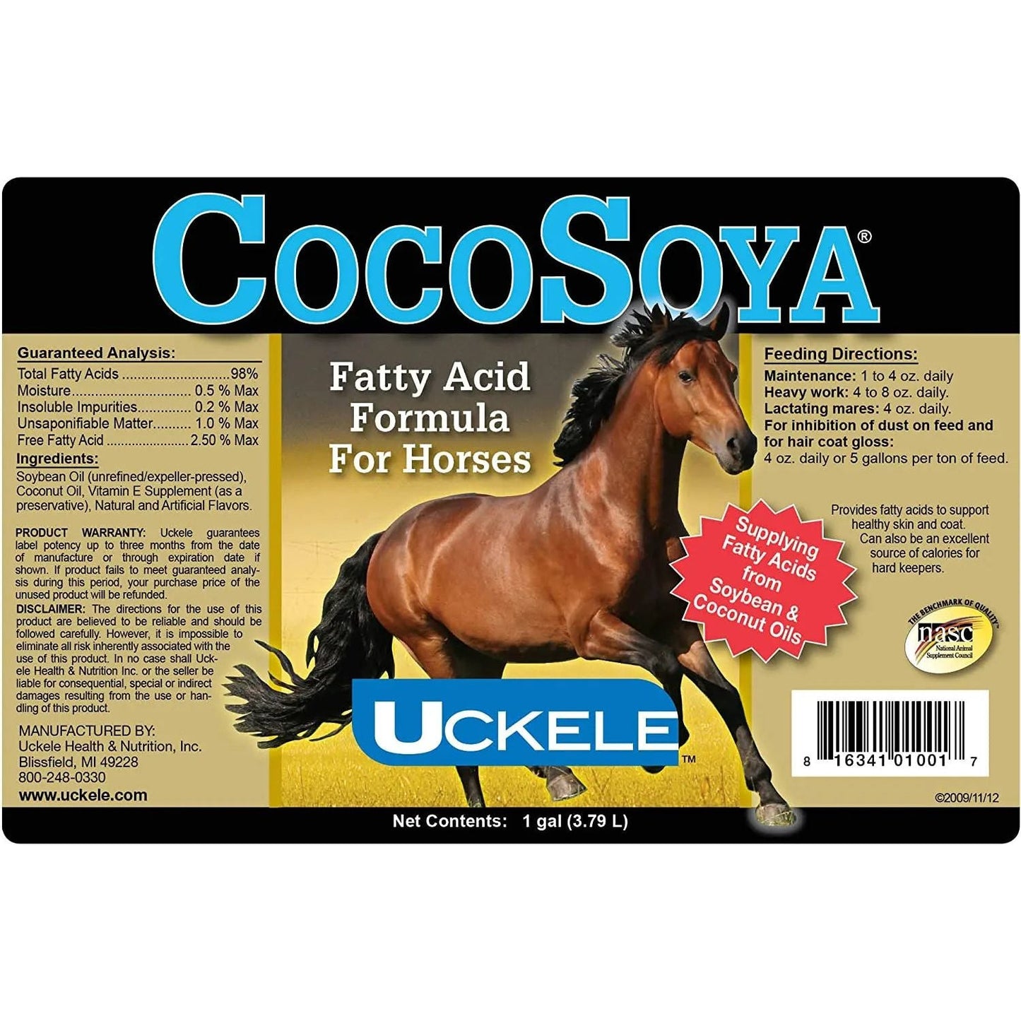 Uckele Cocosoya Oil 1 Gallon Horse Supplement Cool Calories Omega Coat & Hoof