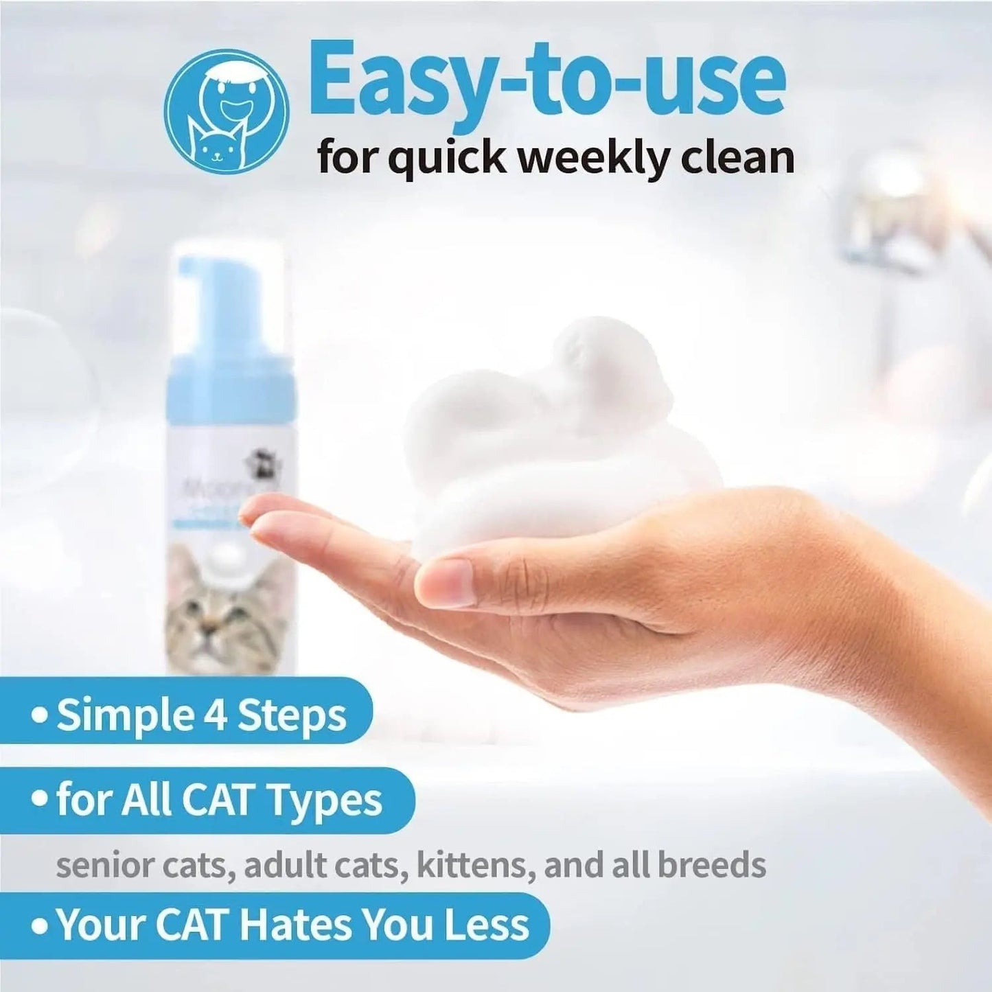 Waterless Cat Shampoo Foam & Brush Kit No Rinse Hypoallergenic 5oz