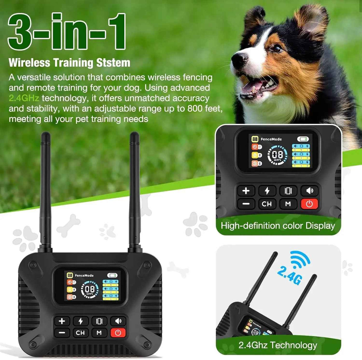 Wireless Dog Fence System for 3 Dogs 2.4GHz Waterproof Rechargeable