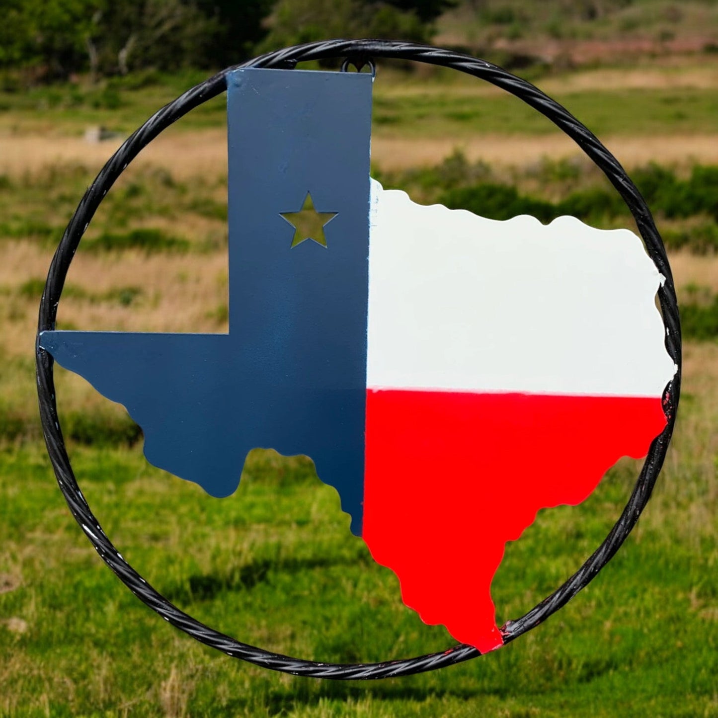 Texas Map 6 Inch Metal Sign with Rope Ring, Red White Blue